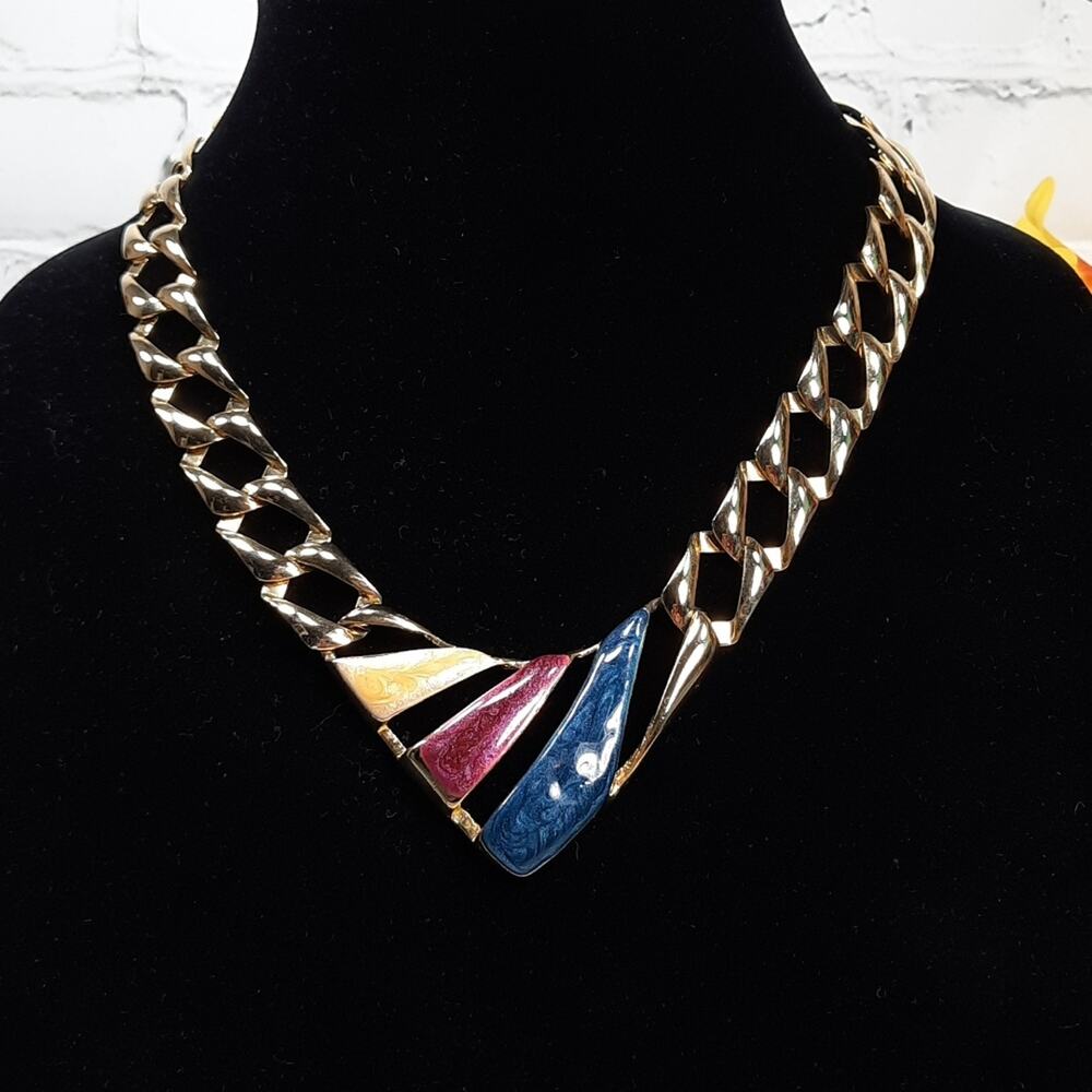 Geometric‎ Statement Necklace Gold Tone with Colored Enamel